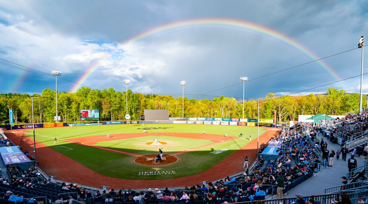 A rainbow brightens the sky above Heritage Financial Park in Wappingers Falls during a Hudson Valley Renegades game